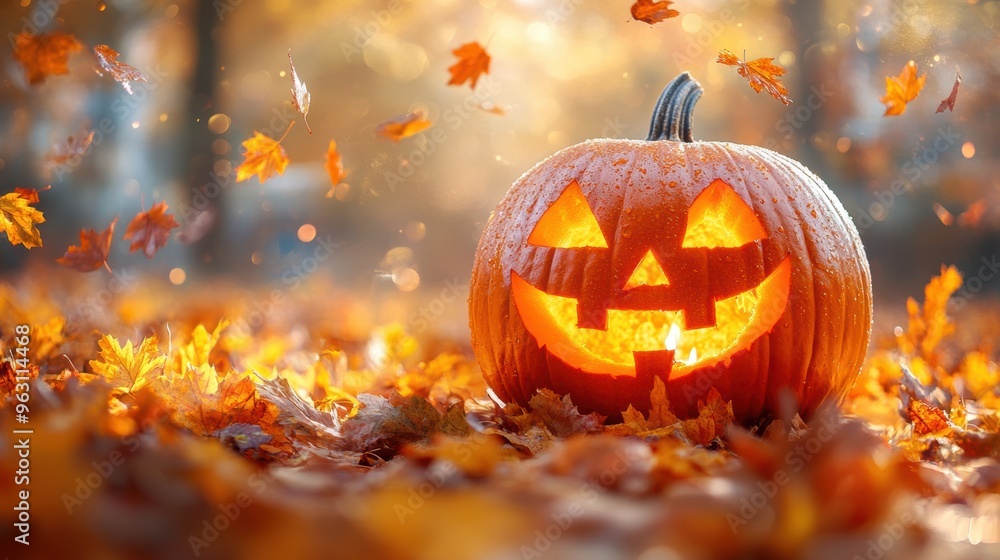 A smiling jack-o'-lantern glows brightly among colorful fallen leaves, capturing the festive spirit of Halloween in autumn. A smiling jack-o'-lantern glows brightly among colorful fallen leaves, capturing the festive spirit of Halloween in autumn.