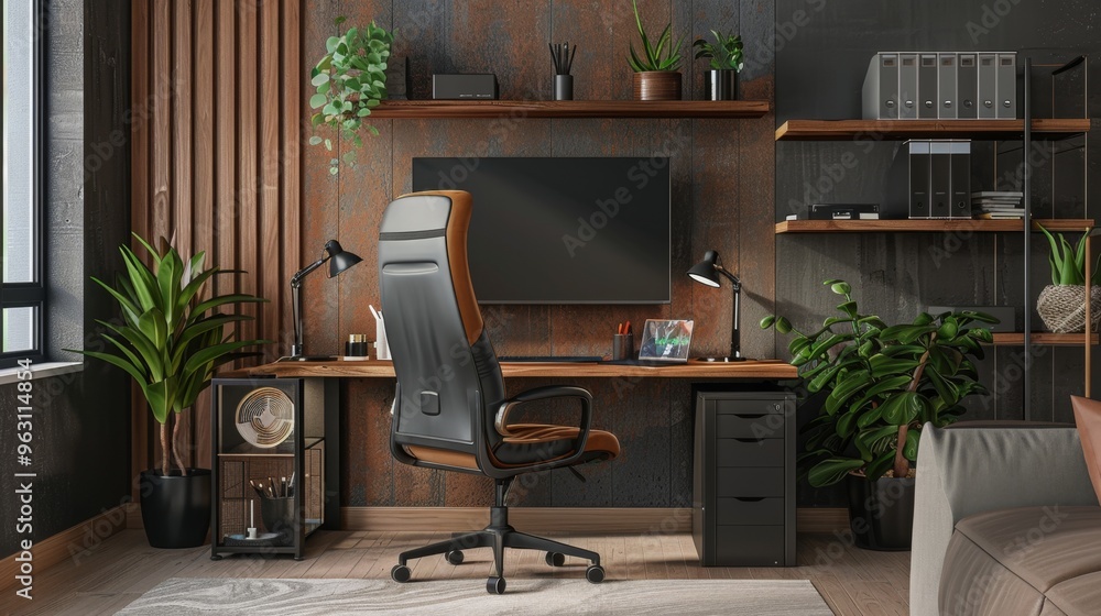 Fototapeta premium Modern Home Office with Computer and Indoor Plants