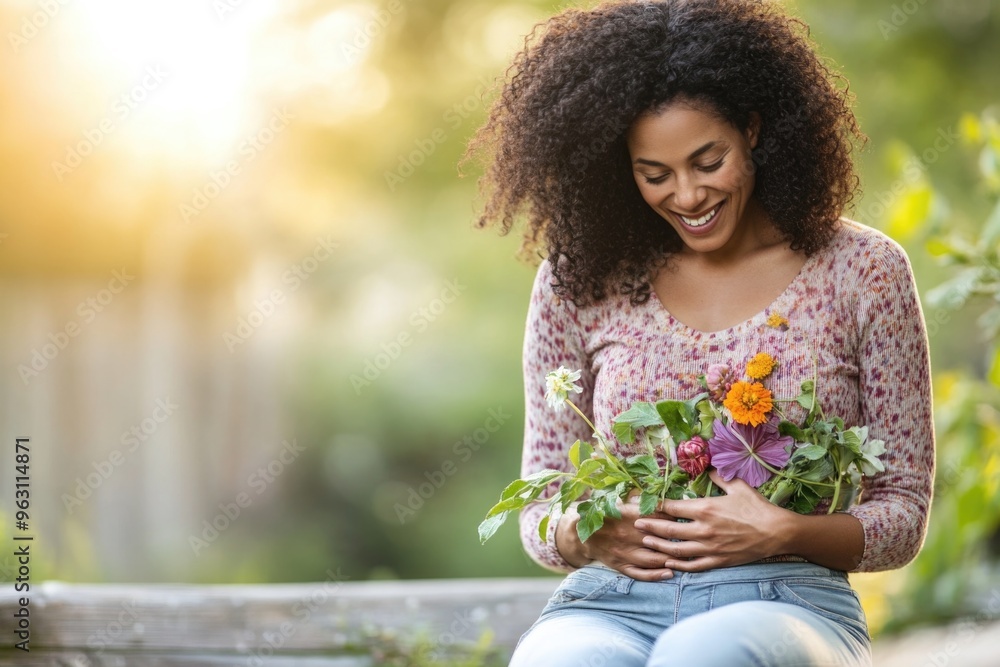 Young happy woman holding a bunch of beautiful flowers outdoors Young happy woman holding a bunch of beautiful flowers outdoors