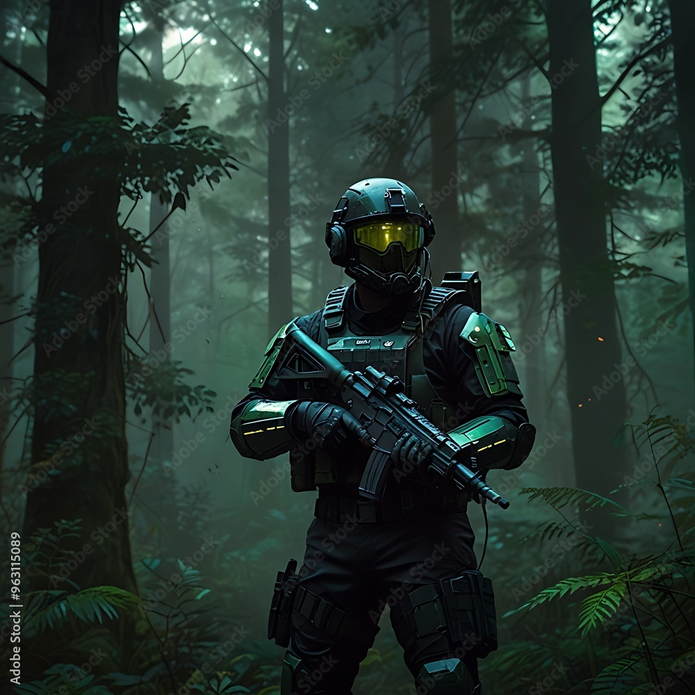 Obraz premium Digital artwork featuring a futuristic soldier in a dense, misty forest generated AI.