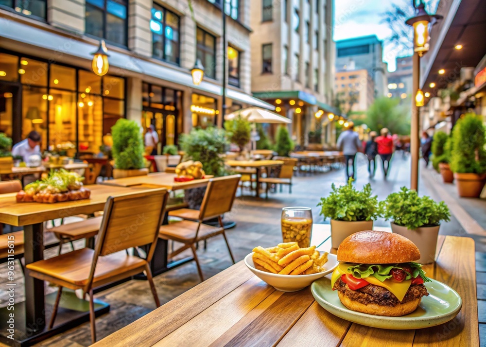 Fototapeta premium Fast food order frenzy modern style aesthetic bold color palette quick bite lifestyle busy street corner vibrant energetic casual dine out urban scene
