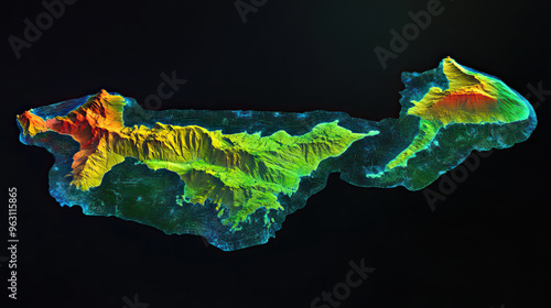 Technical aerial visual, 3D LiDAR GIS aerial map satellite scan model isolated, showing Majuro, Marshall Islands. Elevation, topography, render photo