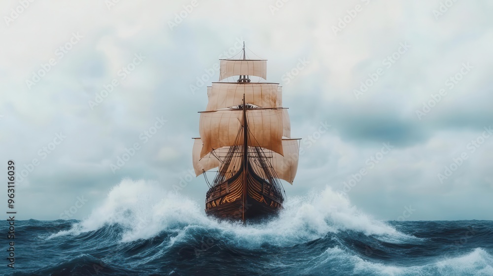 Obraz premium A pirate ship battling rough seas, waves crashing over the bow, pirate ship, rough seas, waves