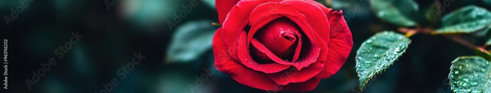 Naklejka premium Vibrant red rose with raindrops in a lush green garden setting