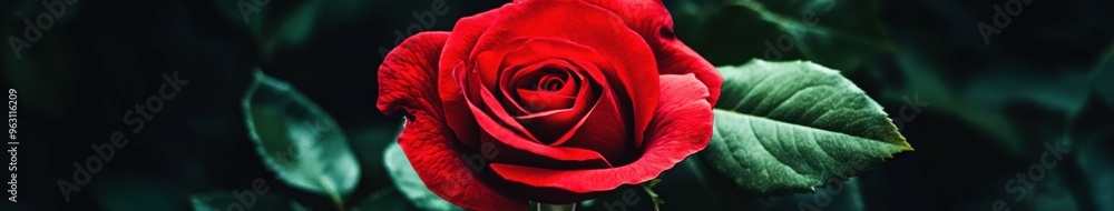 Naklejka premium Bright red rose blooming in a lush green garden during springtime