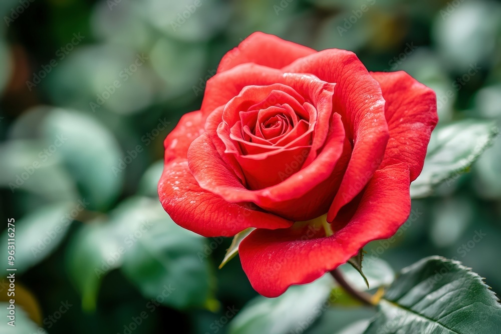Vibrant red rose blooming in a lush green garden during springtime Vibrant red rose blooming in a lush green garden during springtime
