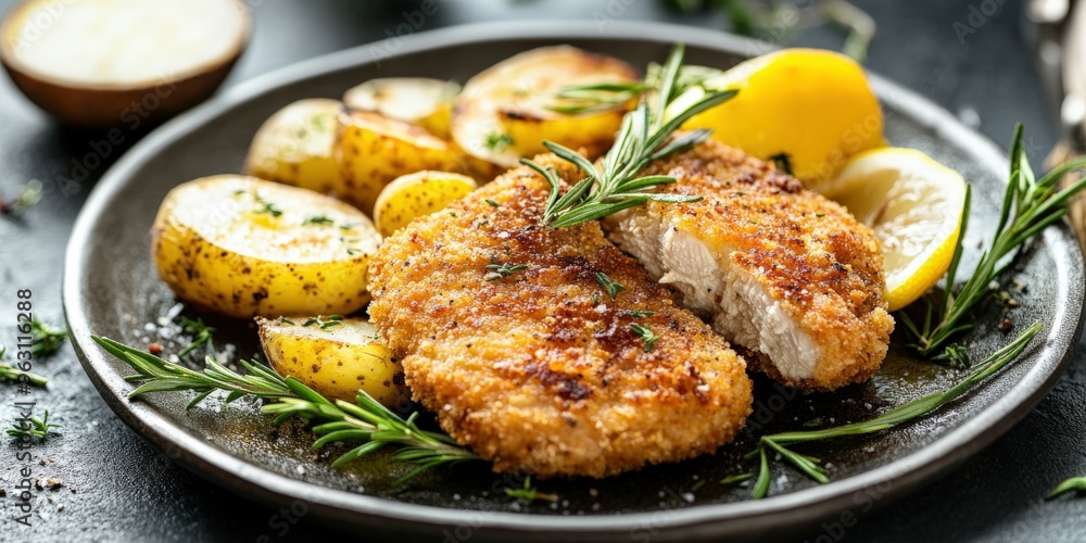 Delicious crispy chicken fillet with roasted potatoes and lemon slices Delicious crispy chicken fillet with roasted potatoes and lemon slices