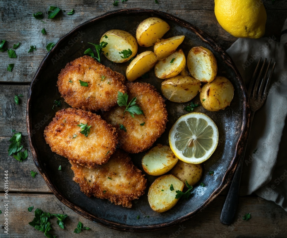 Crispy breaded fish fillets with roasted potatoes and lemon slice Crispy breaded fish fillets with roasted potatoes and lemon slice