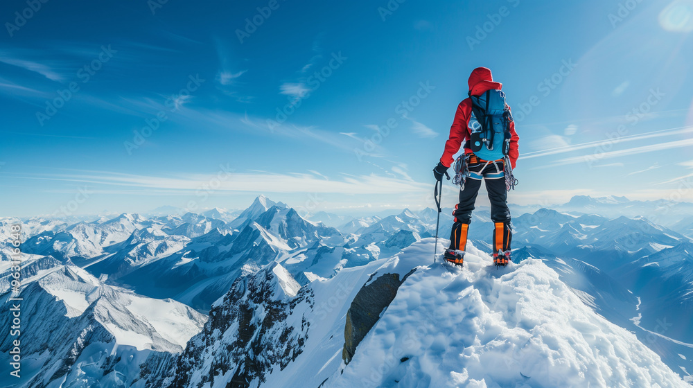 Lone mountaineer on snow-capped summit, ice axe in hand, bright gear, panoramic mountain view, clear blue sky, sense of achievement, PNG file, Generated AI Lone mountaineer on snow-capped summit, ice axe in hand, bright gear, panoramic mountain view, clear blue sky, sense of achievement, PNG file, Generated AI