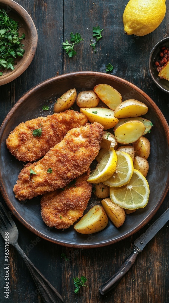 Crispy fried fish fillets with lemon and potatoes on a wooden table Crispy fried fish fillets with lemon and potatoes on a wooden table