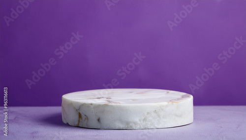 Marble podium with purple wall texture background. Pedestal for product display. Empty platform.