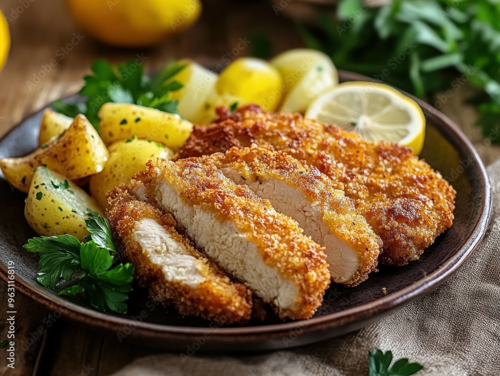 Crispy breaded chicken with lemon and seasoned potatoes on a plate Crispy breaded chicken with lemon and seasoned potatoes on a plate