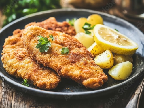 Crispy fried fish fillets served with lemon and roasted potatoes