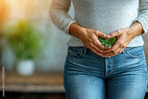 Woman holding mint herb near belly, supportive care for proper diuresis and digestion, natural remedies against tummy ache and constipation