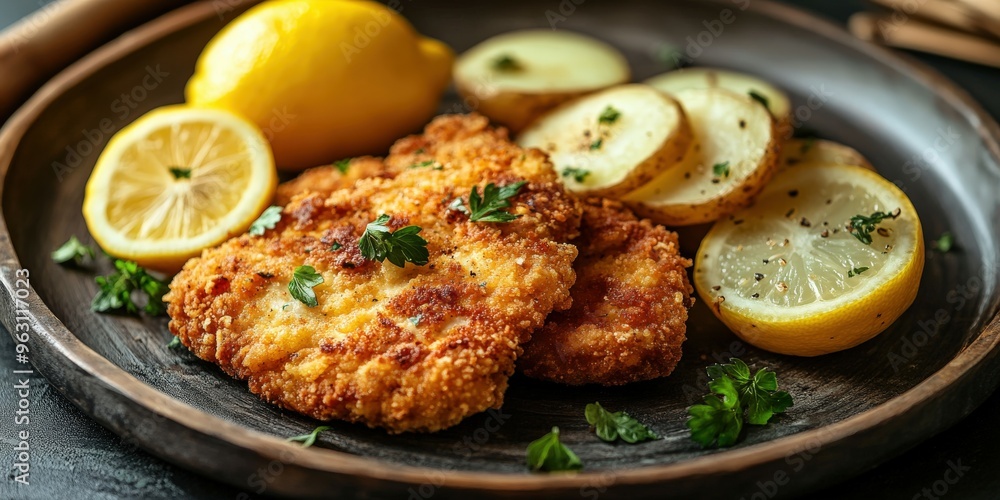 Crispy fried chicken with lemon slices and parsley on a rustic plate Crispy fried chicken with lemon slices and parsley on a rustic plate
