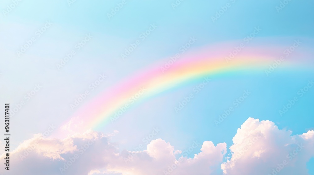 Rainbow arching over fluffy clouds in a Rainbow arching over fluffy clouds in a