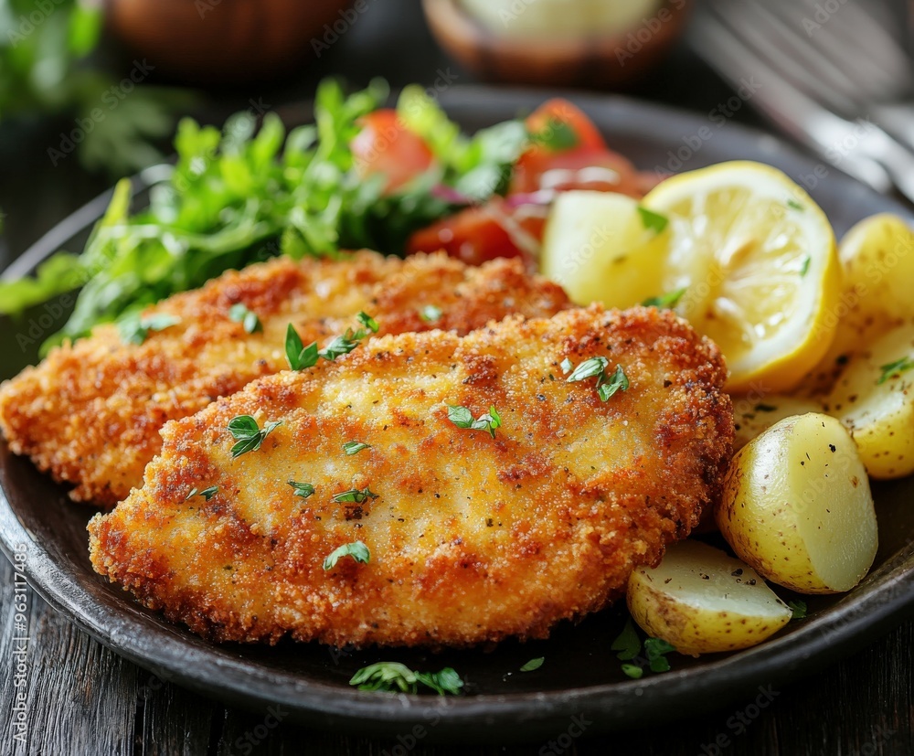 Crispy fried fish fillets served with fresh salad and lemon slices Crispy fried fish fillets served with fresh salad and lemon slices