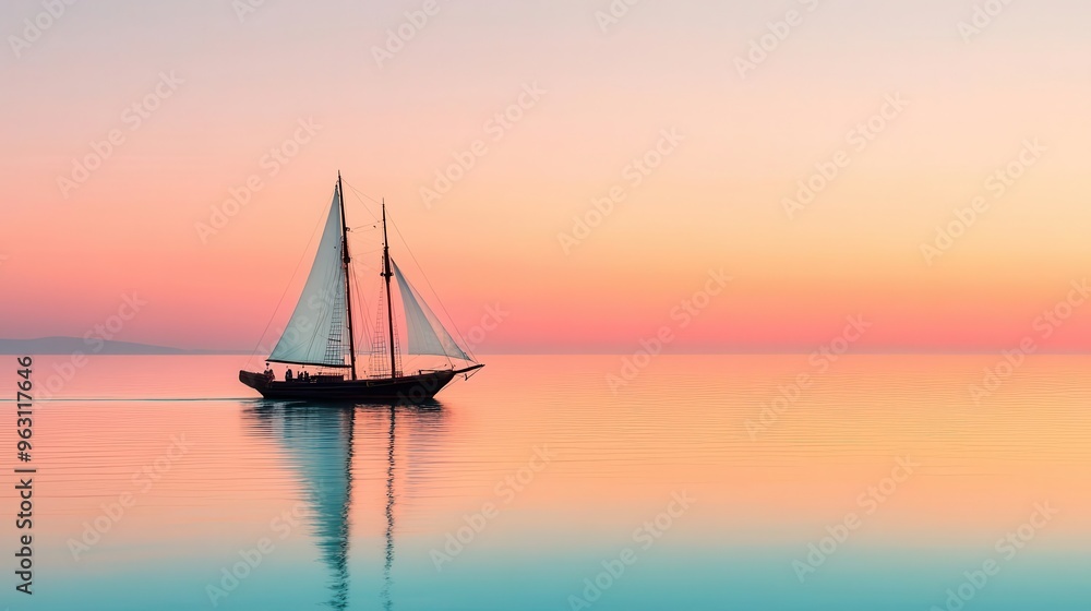 Fototapeta premium A pirate ship on calm waters at dawn, with soft pink and orange skies, pirate ship, calm waters, dawn