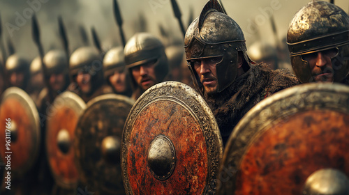 Ancient soldiers with bronze shields in a historical battle confrontation, poised for a final strike  photo