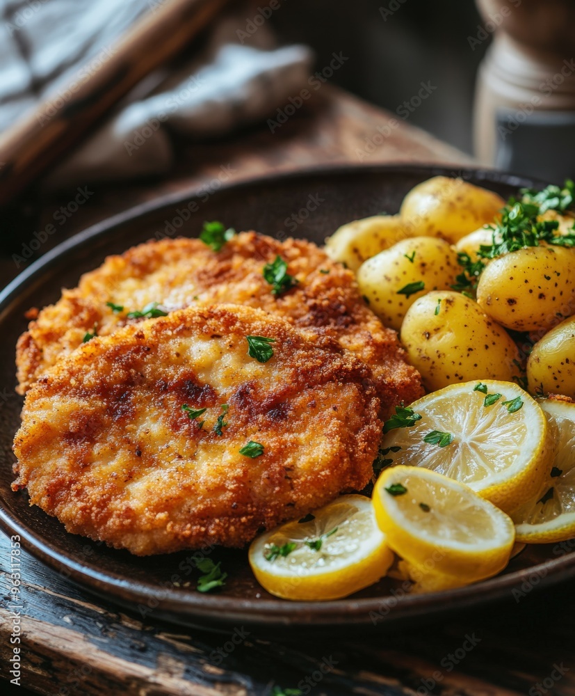 Crispy fried chicken breast served with boiled potatoes and lemon slices Crispy fried chicken breast served with boiled potatoes and lemon slices