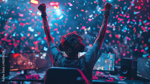 Triumphant esports player celebrating a win, digital confetti, victory, accomplishment, competition 