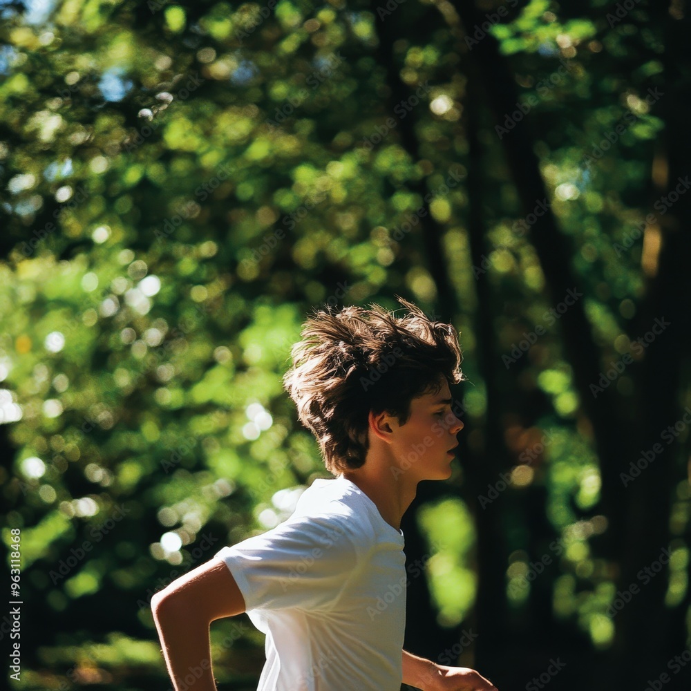 Teenage boy running through a sunlit forest on a warm afternoon Teenage boy running through a sunlit forest on a warm afternoon