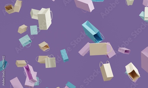 Flying paper shopping bags in pastel colors on purple background. 3d rendering    
