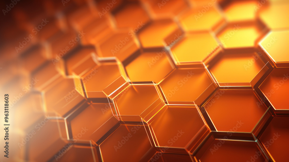 Orange hexagon Background. Close-up a surface made up of hexagonal shapes, honeycomb pattern, metallic. Glowing, three-dimensional, depth. Geometric, modern and futuristic design. Orange hexagon Background. Close-up a surface made up of hexagonal shapes, honeycomb pattern, metallic. Glowing, three-dimensional, depth. Geometric, modern and futuristic design.