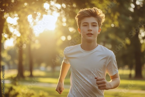 Teenage boy running in a sunlit park during golden hour