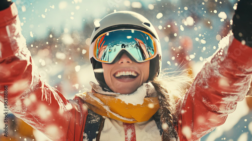 Triumphant skier on the podium with a gold medal