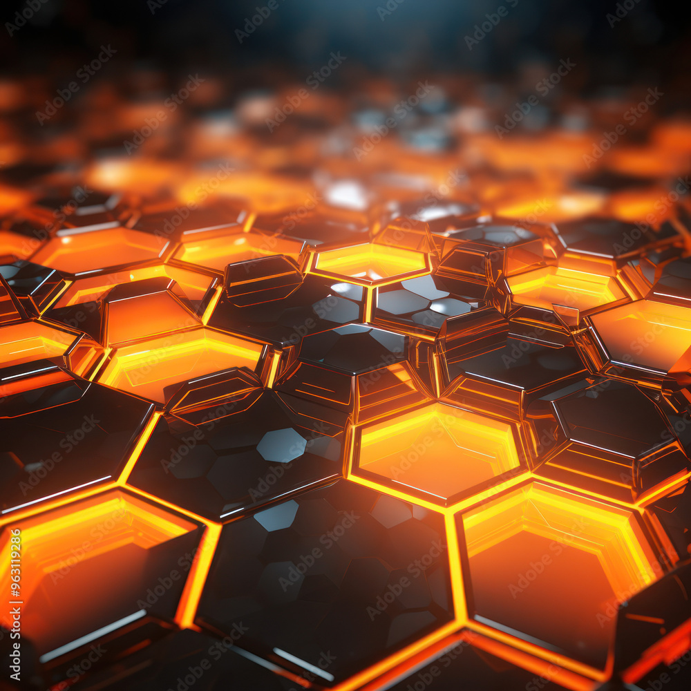 Orange hexagon Background. Close-up a surface made up of hexagonal shapes, honeycomb pattern, metallic. Glowing, three-dimensional, depth. Geometric, modern and futuristic design. Orange hexagon Background. Close-up a surface made up of hexagonal shapes, honeycomb pattern, metallic. Glowing, three-dimensional, depth. Geometric, modern and futuristic design.