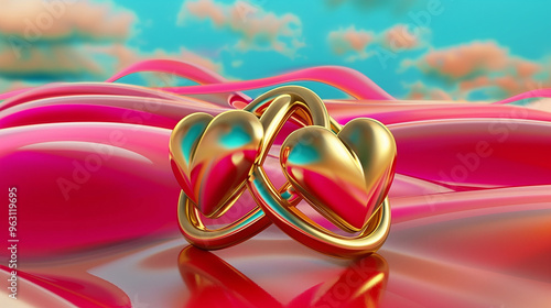 Heart-shaped jewels of love in a surreal pink paradise