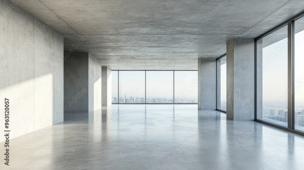 Empty Concrete Room with City View from Large Windows Empty Concrete Room with City View from Large Windows