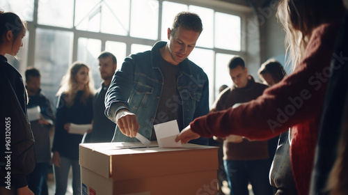 An election commission indoors, people placing ballots into a voting box