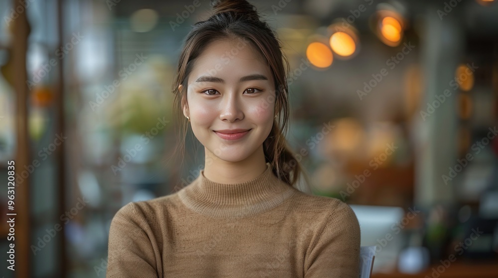 Obraz premium Charming Asian woman with a smile standing holding papers and mobile phone at the office