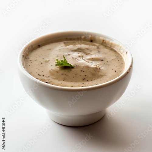 Creamy sauce in a white bowl with a green herb garnish.