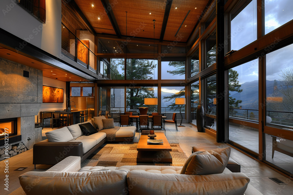 A large, elegant living room with a piano, a glass coffee table, and a staircase, A large, elegant living room with a piano, a glass coffee table, and a staircase,