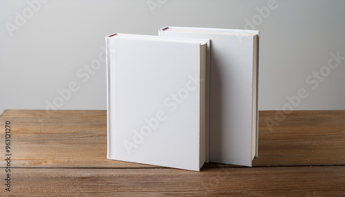 Mock-up of two blank white books with hard cover on wooden table. Empty template.