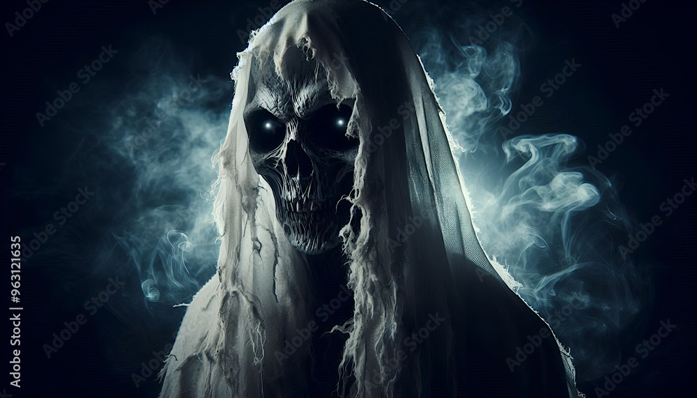 an eerie figure with a pale ghostly face covered with a torn white cloak an eerie figure with a pale ghostly face covered with a torn white cloak