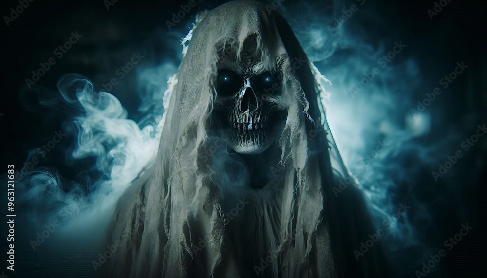an eerie figure with a pale ghostly face covered with a torn white cloak an eerie figure with a pale ghostly face covered with a torn white cloak