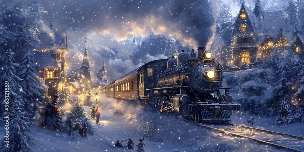 A steam train travels through a snowy forest, passing a historic mansion illuminated by warm lights at dusk A steam train travels through a snowy forest, passing a historic mansion illuminated by warm lights at dusk