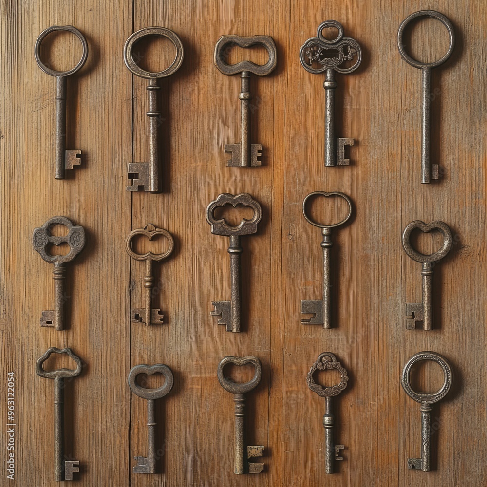Antique Keys Collection: Rustic Wooden Table Top View Editorial Photography 1 Antique Keys Collection: Rustic Wooden Table Top View Editorial Photography 1
