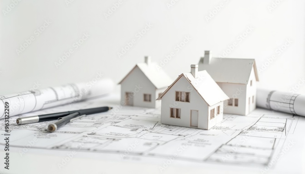 Models of three houses on architectural plans with pens resting nearby in a contemporary workspace during daylight hours Models of three houses on architectural plans with pens resting nearby in a contemporary workspace during daylight hours