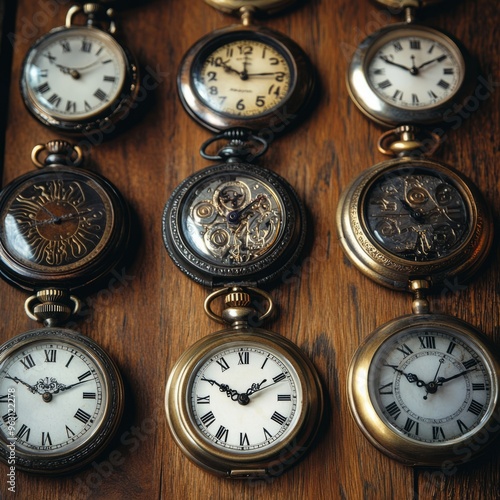 Antique Pocket Watches Collection: Top View on Wooden Table