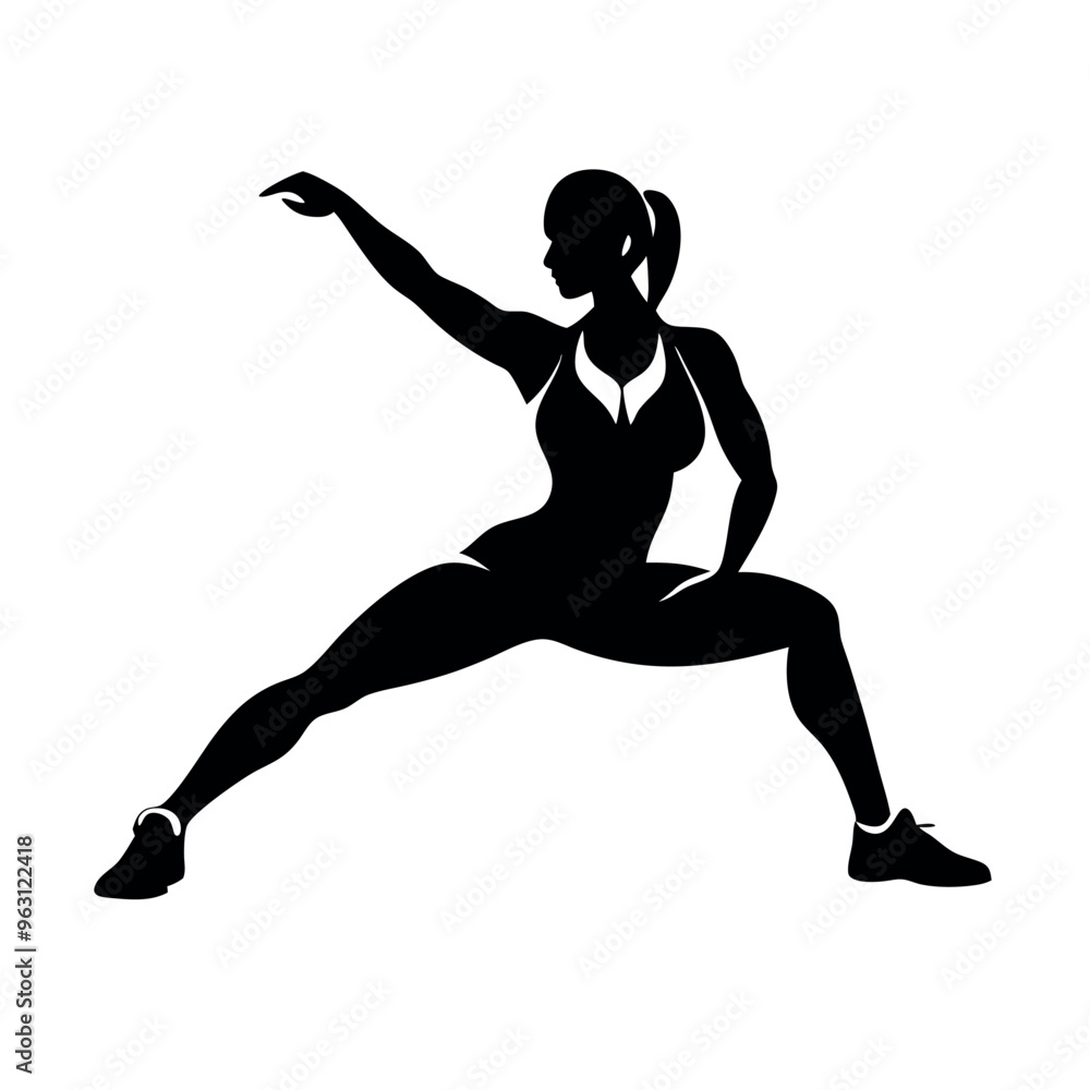 a powerful woman with long hair, stretching her muscles. The silhouette should be set against a white background a powerful woman with long hair, stretching her muscles. The silhouette should be set against a white background