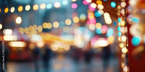 Multicolored blurred defocused background of an amusement park or state fair, with glowing bokeh lights in the evening