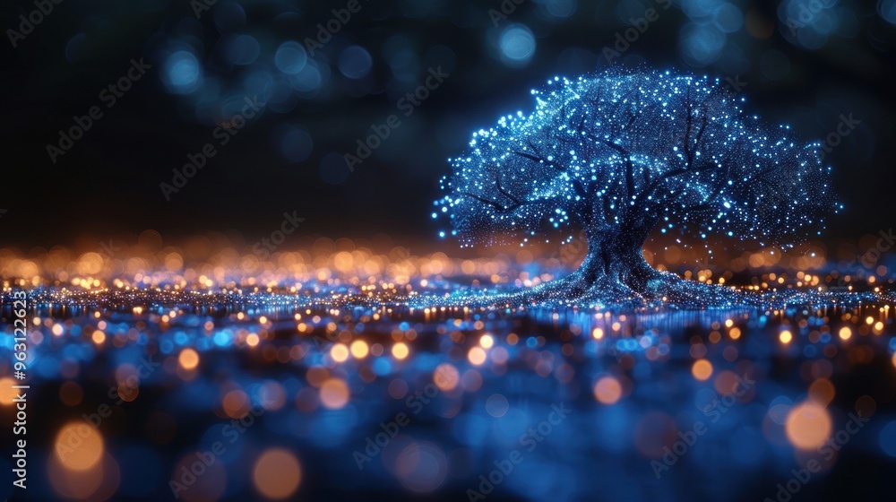 concept of network connection technology or big data, blue cyber polygon tree with futuristic element concept of network connection technology or big data, blue cyber polygon tree with futuristic element