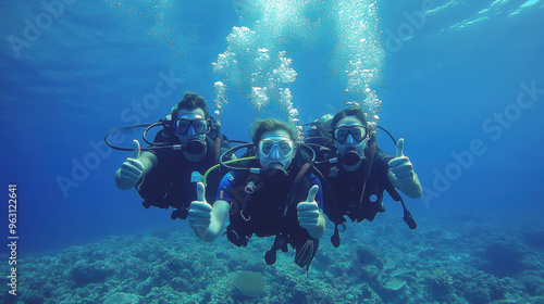 Diver in deep sea with thumbs up gesture