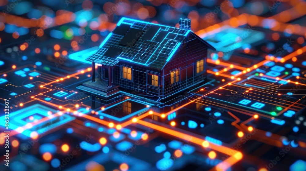 smart home technology, mobile and house in isometric view with digital futuristic interface smart home technology, mobile and house in isometric view with digital futuristic interface