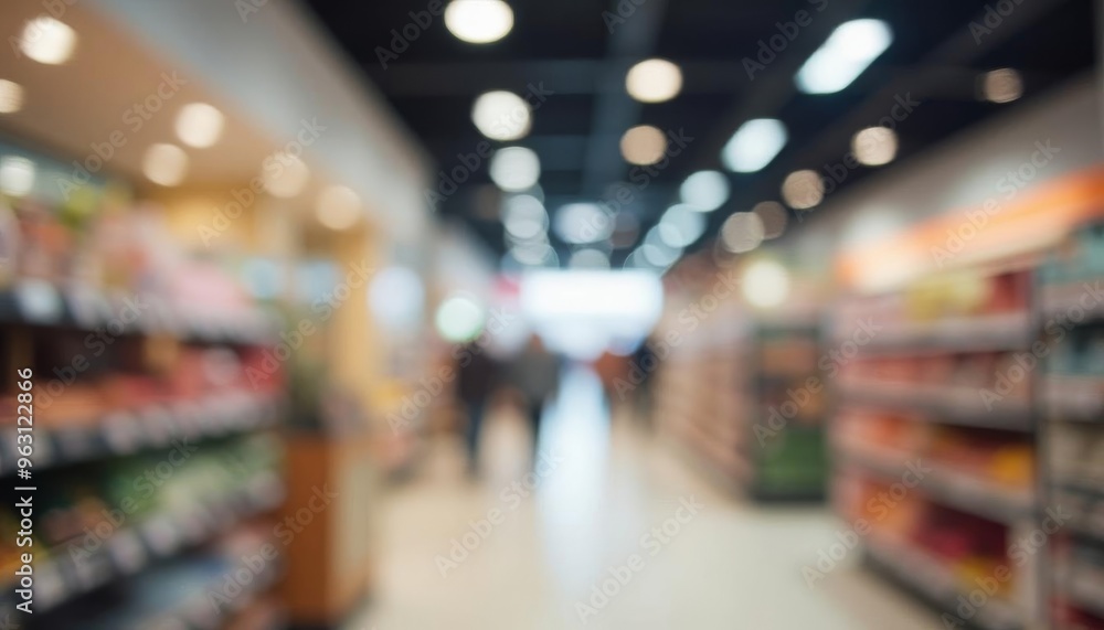 Blurred background of a grocery store aisle filled with colorful products and shoppers during busy hours Blurred background of a grocery store aisle filled with colorful products and shoppers during busy hours